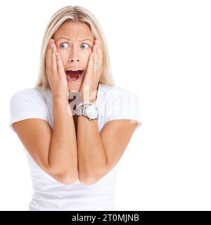 Woman, scream hands or shock in studio for scared face emoji horror, spider phobia or fear. Female model person, wow gesture or danger anxiety or Stock Photo