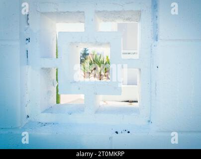 Succulent plants framed by a brick wall with pattern holes. White wall texture with copy space. Stock Photo