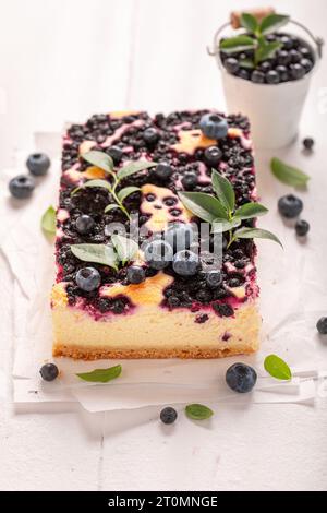 Homemade blueberry cheesecake with berries and powdered sugar. Blueberry cheesecake with berries. Stock Photo