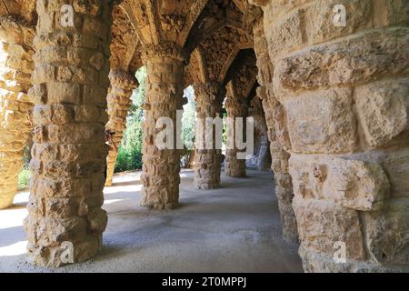 BARCELONA, SPAIN - MAY 13, 2017: This is a fragment of the pillars of the unusual design of the viaduct in the Park Guell (architect Antoni Gaudi). Stock Photo