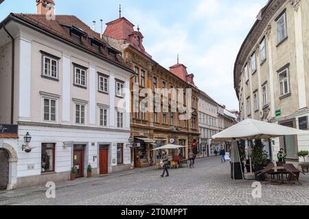 LJUBLJANA, SLOVENIA - MARTH 7, 2023: This is a fragment of the Old Square, built up with houses of the 18th and 19th centuries. Stock Photo