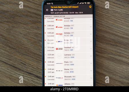 Batumi, Georgia - October 8, 2023: Screen of smartphone with mobile app Flifghtradar24 with cancelled and delayed fligths due to the war between Stock Photo