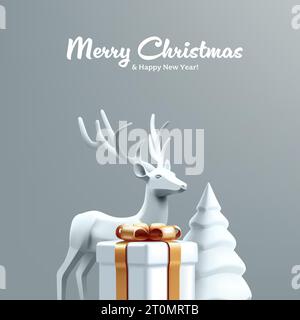 Christmas winter festive 3d composition. Reindeer with Christmas tree and gift box in snow, white render statuettes, realistic trendy postcard illustr Stock Vector
