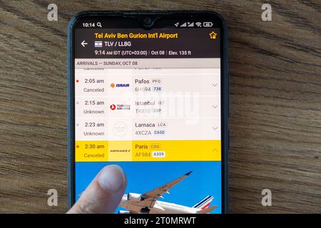 Batumi, Georgia - October 8, 2023: Person checks that the flight is canceled in the app Flifghtradar on smartphone. All planes were canceled due to Stock Photo