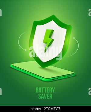 3d phone battery saver banner template with phone and energy shield icon. 3d rendered smartphone and energy shield icon isolated on background. Vector illustration. Vector illustration Stock Vector