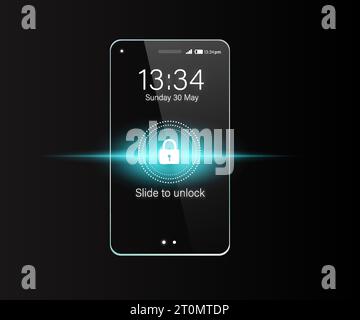 3d rendered black borderless smartphone with lock screen, glowing effect, isolated on background. 3d vector illustration. Vector illustration Stock Vector