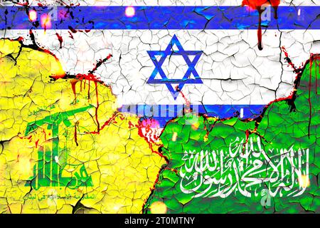 israel, hezbollah and hamas flags. painted over cracked concrete wall. Stock Photo