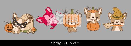 Set of Kawaii Halloween French Bulldog Dog. Collection of Cute Vector Halloween Puppy Illustrations Stock Vector