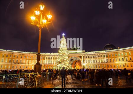 Decorated Christmas tree at Palace Square. New Years celebration. St. Petersburg, Russia - January 6, 2021. Stock Photo