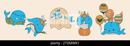 Set of Vector Halloween Whale Illustrations. Collection of Kawaii Isolated Halloween Marine Animal Stock Vector