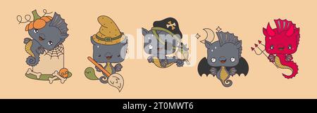Set of Vector Halloween Underwater Animal Illustrations.  Stock Vector