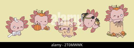 Collection of Vector Halloween Axolotl Art. Set of Isolated Halloween Reptile Animal Illustration Stock Vector