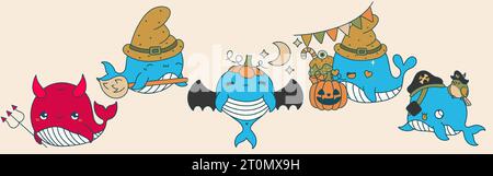 Set of Kawaii Halloween Whale. Collection of Cute Vector Halloween Marine Animal Illustrations Stock Vector