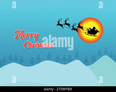 Merry Christmas with Santa Claus flying with reindeer sleigh, Black Silhouette and reindeer on pine forest winter landscape background Stock Vector