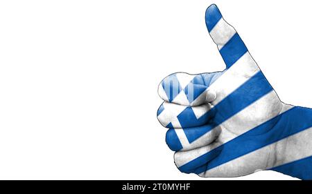 thumbs up in approval with the Greek flag painted Stock Photo