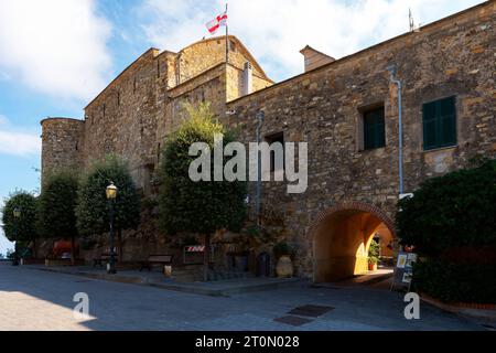 The 11th century castle at the top of the Cervo village. Cervo  is a small and ancient town located on top of a hill with elevated view of Mediterrane Stock Photo