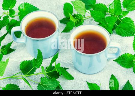 Cups with fresh herbal tea, healing tea with fresh nettle. Homeopathy, herbal medicine. Stock Photo