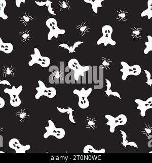 seamless halloween pattern with ghost,bats and spider black and white background Stock Vector
