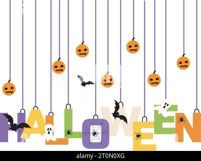 halloween colorful hanging word typography with pumpkin,bat and spider with transparent background Stock Vector