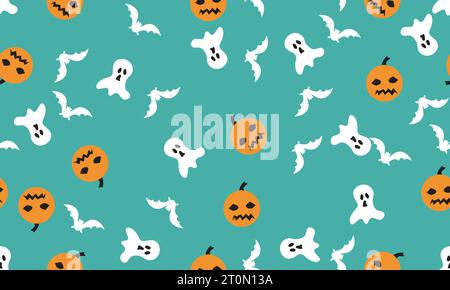 green color seamless halloween pumpkin,spider,bat and ghost pattern background Stock Vector