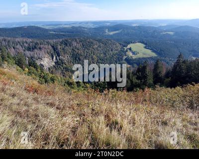 Feldberg Themenbild - Feldberg, Feldbergblick im Schwarzwald, im Naturpark Südschwarzwald, südlicher Schwarzwald, Tourismus Themenbild - Feldberg, Feldbergblick im Schwarzwald, im Naturpark Südschwarzwald, südlicher Schwarzwald, Tourismus Mit 1493 m ist der Feldberg, Landkreis Breisgau-Hochschwarzwald, im Naturpark Schwarzwald, im südlichen Schwarzwald, der höchste Berg, Gipfel in Baden-Württemberg. Blick vom Gipfel hinunter auf den dunkelblauen Feldsee Symbolbild, Themenbild, Featurebild *** Feldberg theme image Feldberg, Feldbergblick in the Black Forest, in the Southern Black Forest Nature Stock Photo