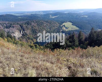 Feldberg Themenbild - Feldberg, Feldbergblick im Schwarzwald, im Naturpark Südschwarzwald, südlicher Schwarzwald, Tourismus Themenbild - Feldberg, Feldbergblick im Schwarzwald, im Naturpark Südschwarzwald, südlicher Schwarzwald, Tourismus Mit 1493 m ist der Feldberg, Landkreis Breisgau-Hochschwarzwald, im Naturpark Schwarzwald, im südlichen Schwarzwald, der höchste Berg, Gipfel in Baden-Württemberg. Blick vom Gipfel hinunter auf den dunkelblauen Feldsee Symbolbild, Themenbild, Featurebild *** Feldberg theme image Feldberg, Feldbergblick in the Black Forest, in the Southern Black Forest Nature Stock Photo