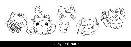 Set of Vector Halloween Ragdoll Cat Coloring Page. Collection of Kawaii Halloween Kitten Outline. Stock Vector