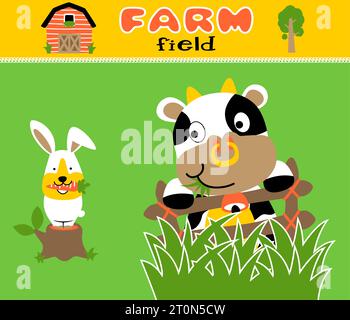 Funny farm animals, cow on fence with rabbit on tree stump, vector cartoon illustration Stock Vector