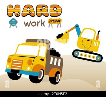 Construction vehicles with construction signs, vector cartoon illustration Stock Vector
