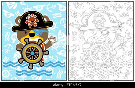 Funny bear in pirate costume holding steering wheel on sailing elements background, vector cartoon, coloring page or book Stock Vector