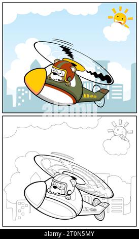 Cute bear on military helicopter, vector cartoon illustration, coloring book or page Stock Vector