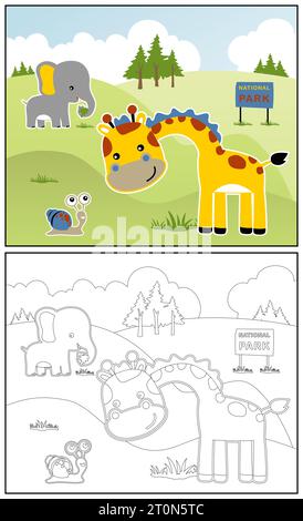 Funny giraffe with little snail, cute elephant eating grass, vector cartoon illustration, coloring book or page Stock Vector