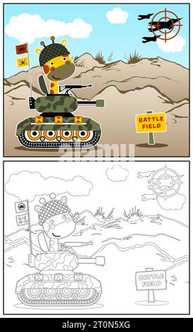 Funny giraffe on armored vehicle in battlefield, vector cartoon illustration, coloring book or page Stock Vector