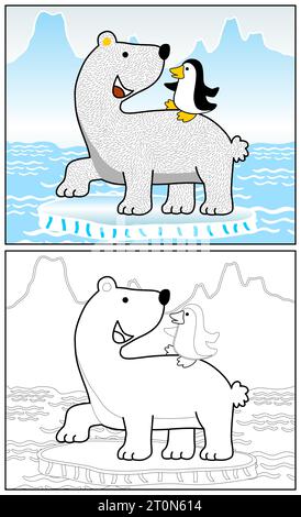 Funny polar bear with penguin on ice mountain background, vector cartoon illustration, coloring book or page Stock Vector