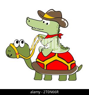 Cute crocodile wearing cowboy cap ride on giant turtle, vector cartoon illustration Stock Vector