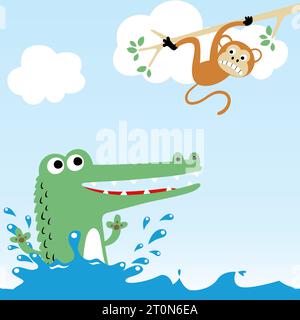 Funny monkey hanging on tree branches and crocodile in water, vector cartoon illustration Stock Vector
