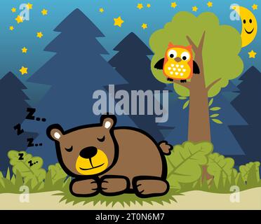 Cute bear sleeping with funny owl on tree at night under crescent moon, vector cartoon illustration Stock Vector