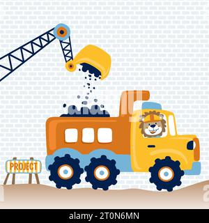 Cute lion driving dump truck with construction element on bricks wall background, vector cartoon illustration Stock Vector