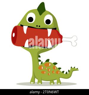 Funny dinosaur with meat in it mouth, vector cartoon illustration Stock Vector