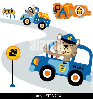 Funny cat on police car chasing mice on truck stealing cheese, vector cartoon illustration Stock Vector