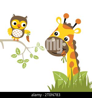 Nice giraffe eating carrot with owl holding carrot on tree branches, vector cartoon illustration Stock Vector