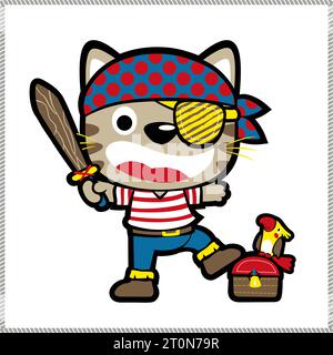 Little cat in pirate costume holding sword with parrot on treasure chest, vector cartoon illustration Stock Vector