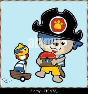 vector cartoon of funny bear in pirate costume carrying treasure chest, little bird on sailboat toy Stock Vector