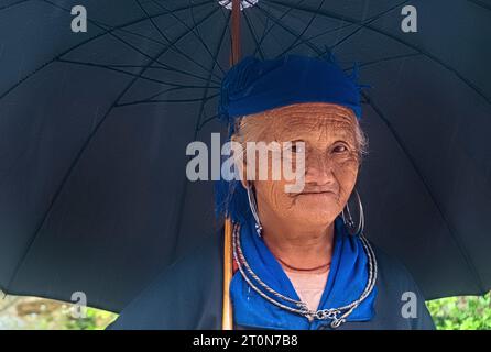 Portrait of an elderly Flower Hmong woman, Mu Cang Chai, Yen Bai, Vietnam Stock Photo