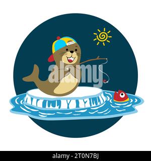 Funny walrus fishing on ice chunk, vector cartoon illustration Stock Vector