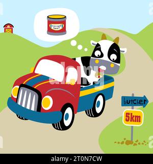 A frightened cow on a truck in farmyard background, vector cartoon Stock Vector