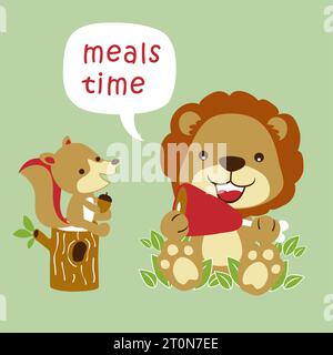 Cute squirrel on tree stump holding nit with funny lion holding meat, vector cartoon illustration Stock Vector