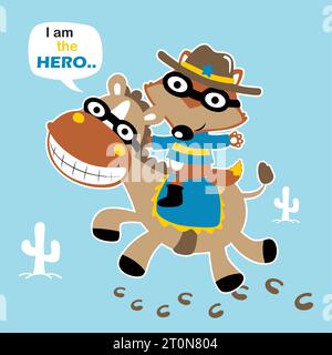 Cute fox in superhero costume ride on funny horse, vector cartoon illustration Stock Vector