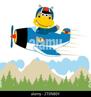 vector cartoon of funny hippo pilot on airplane flying across mountains Stock Vector