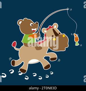 Cute bear playing with donkey, vector cartoon illustration Stock Vector